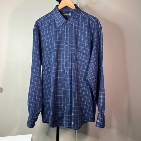 Canali Men's Blue Windowpane Cotton Button Down Shirt Italian Luxury Size XL - Picture 3 of 7